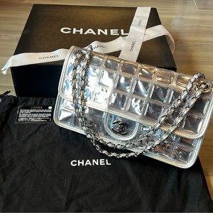 Vintage Chanel Ice Cube silver leather/vinyl large flap bag double chain
